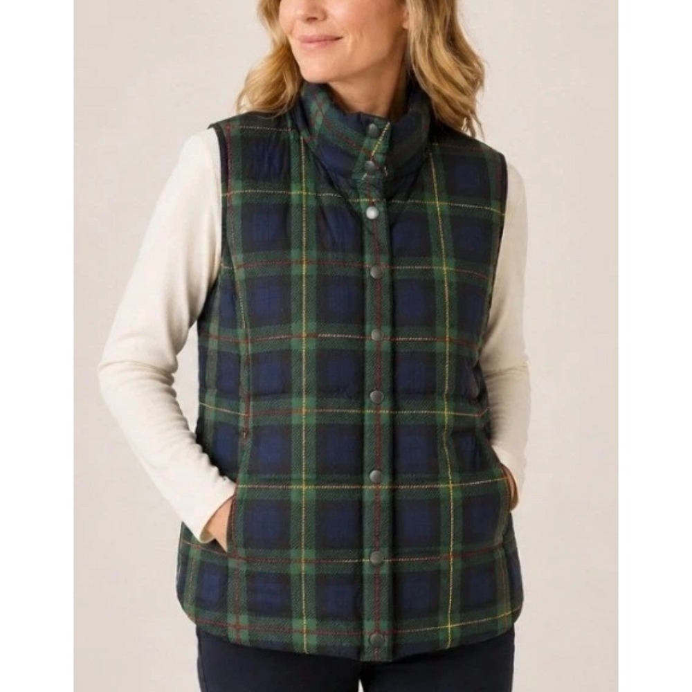 J. Jill Down Puffer Vest Women's S Green‎ Tartan Plaid Snap Front Quilted Cozy